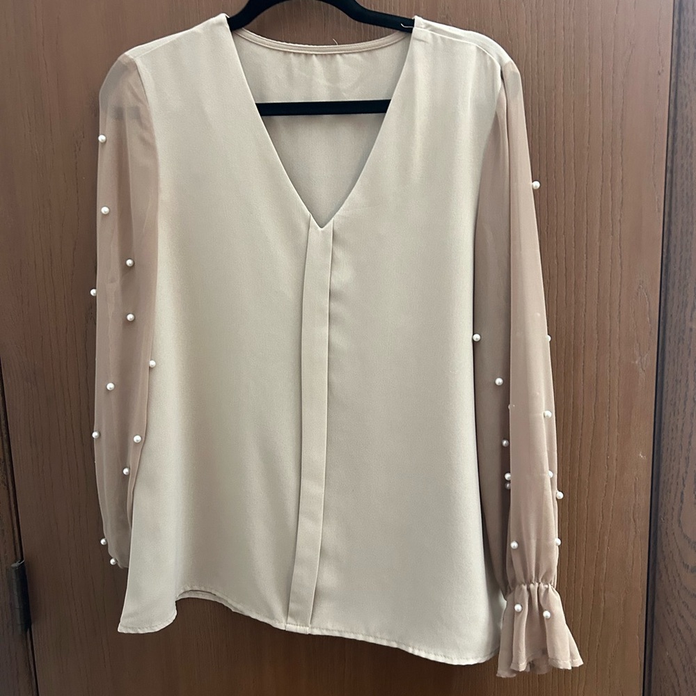Elegant Cream Blouse with Sheer Sleeves